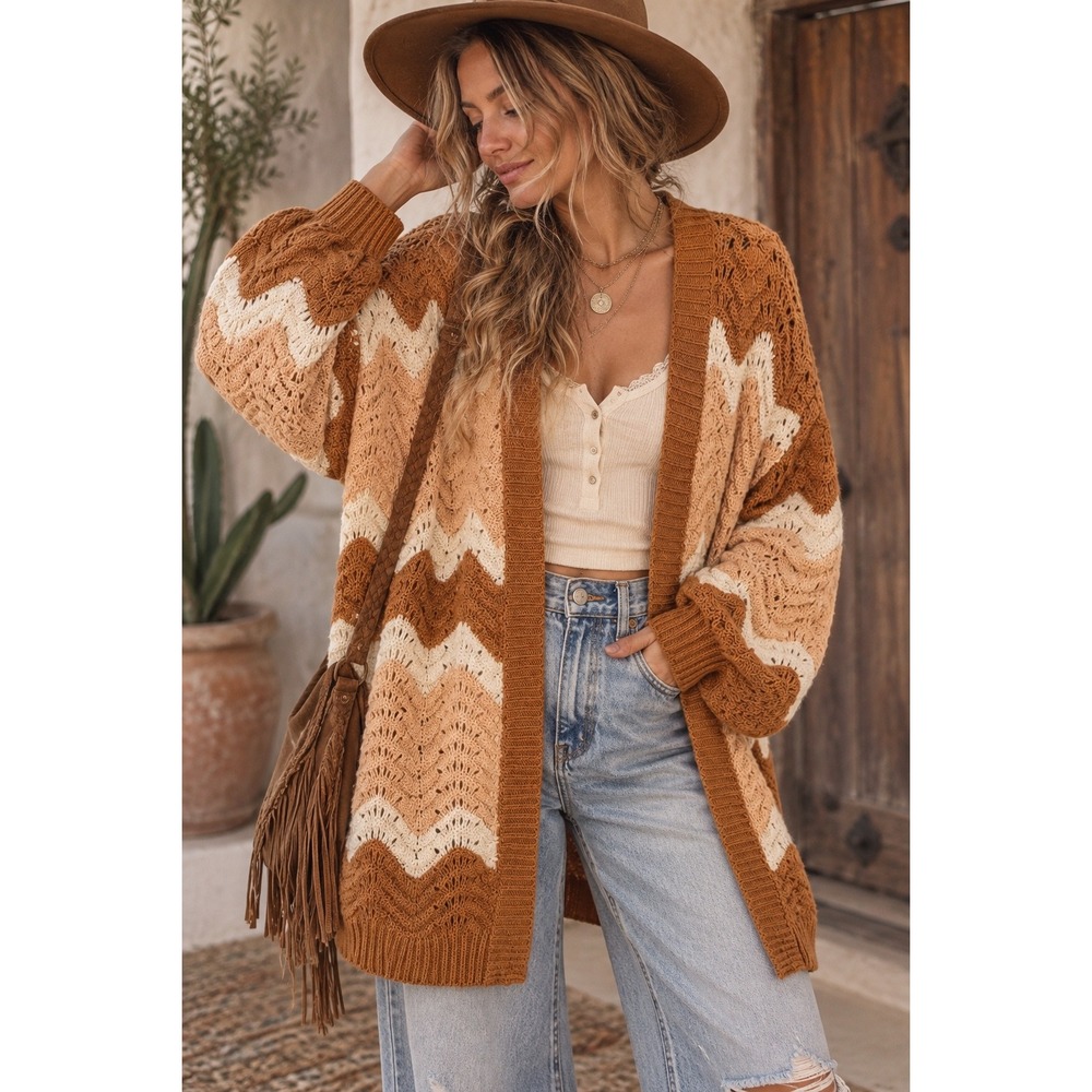Altar'd State Chevron Pointelle Knit Open Front Cardigan Rust XL